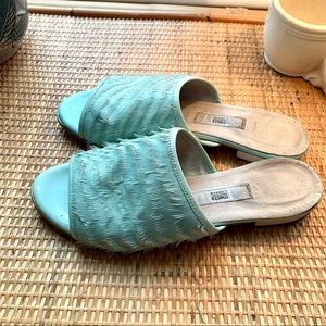 Miista mint green patent laser cut slides